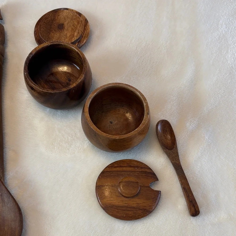 Mid-Century Wooden Dining Set with Carved Handles African Motif Condiment Bowls